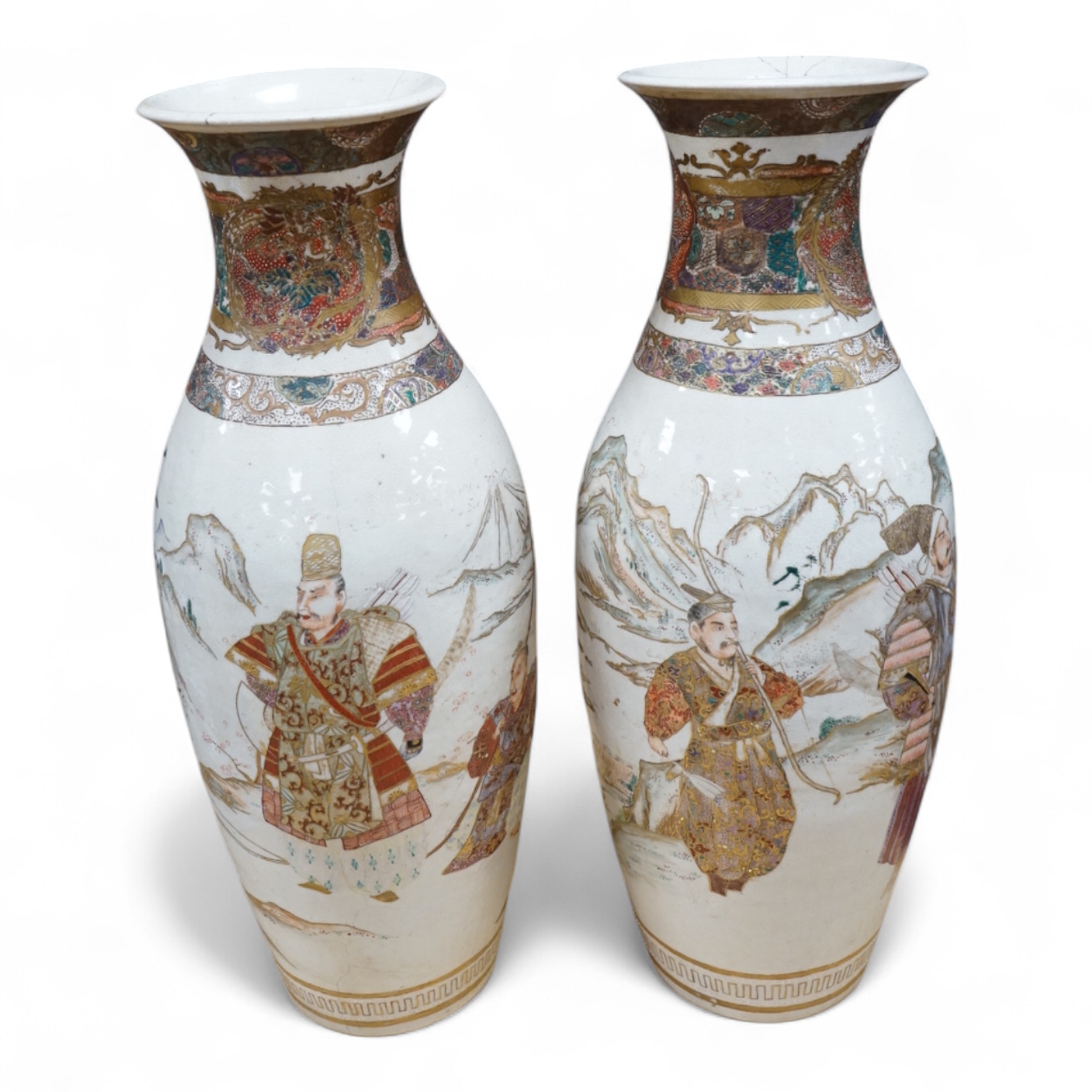 A pair of Japanese Satsuma ‘samurai’ vases, Meiji period, 40cm. Condition - poor to fair